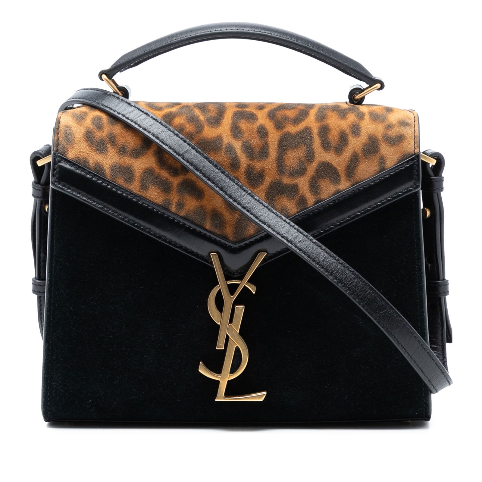 Mini Cassandra Top Handle Bag in Suede Leopard Print by Saint Laurent: Mini Cassandra Top Handle Bag in Suede Leopard Print by Saint Laurent This Saint Laurent Mini Suede Leopard Print Monogram Cassandra Top Handle Bag is crafted from a combination of suede and calf leat