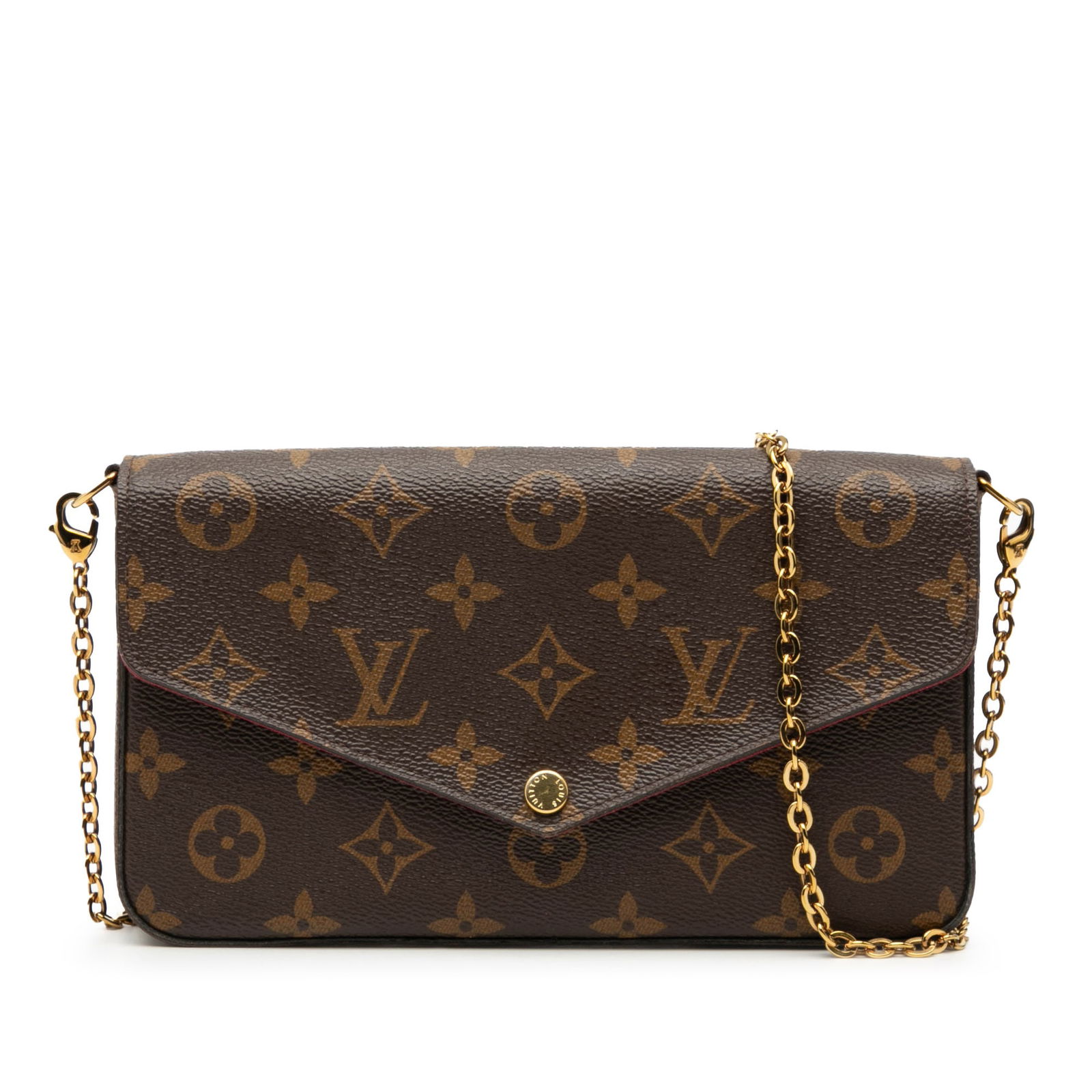 Louis Vuitton Felicie Monogram Canvas Crossbody with Gold Tone Chain Strap: Louis Vuitton Felicie Monogram Canvas Crossbody with Gold Tone Chain Strap The Pochette Felicie crossbody bag features a monogram canvas body and a detachable gold-tone chain link shoulder strap. It i