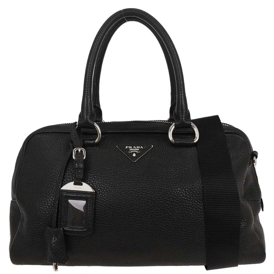 Prada Black Leather 2-Way Top Handle Handbag 117 Italy: Prada Black Leather 2-Way Top Handle Handbag 117 Italy This elegant Prada 2-way handbag is crafted from high-quality black leather, making it a perfect accessory for casual occasions. The medium-sized