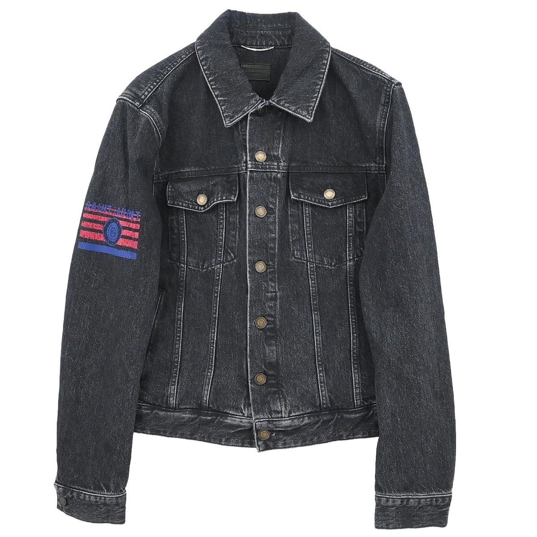 Black Cotton Denim Jacket by Saint Laurent Mid-Length Button Front Size M: Black Cotton Denim Jacket by Saint Laurent Mid-Length Button Front Size M This Saint Laurent single breasted denim jacket features a mid-length design with long sleeves and a button closure. Made from
