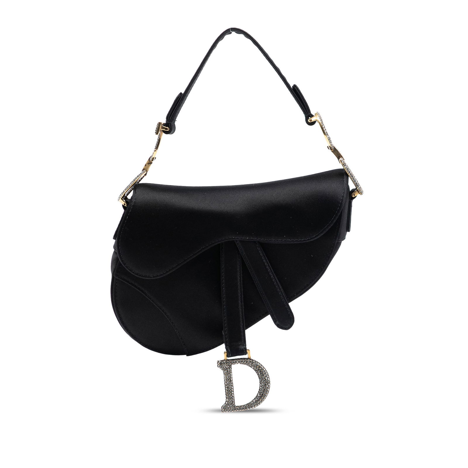 Black Dior Mini Satin Saddle Bag with Crystal Accents: Black Dior Mini Satin Saddle Bag with Crystal Accents This Dior Mini Satin Crystal Embellished Saddle Bag features a black satin body adorned with crystal embellishments, a flat satin handle, a front
