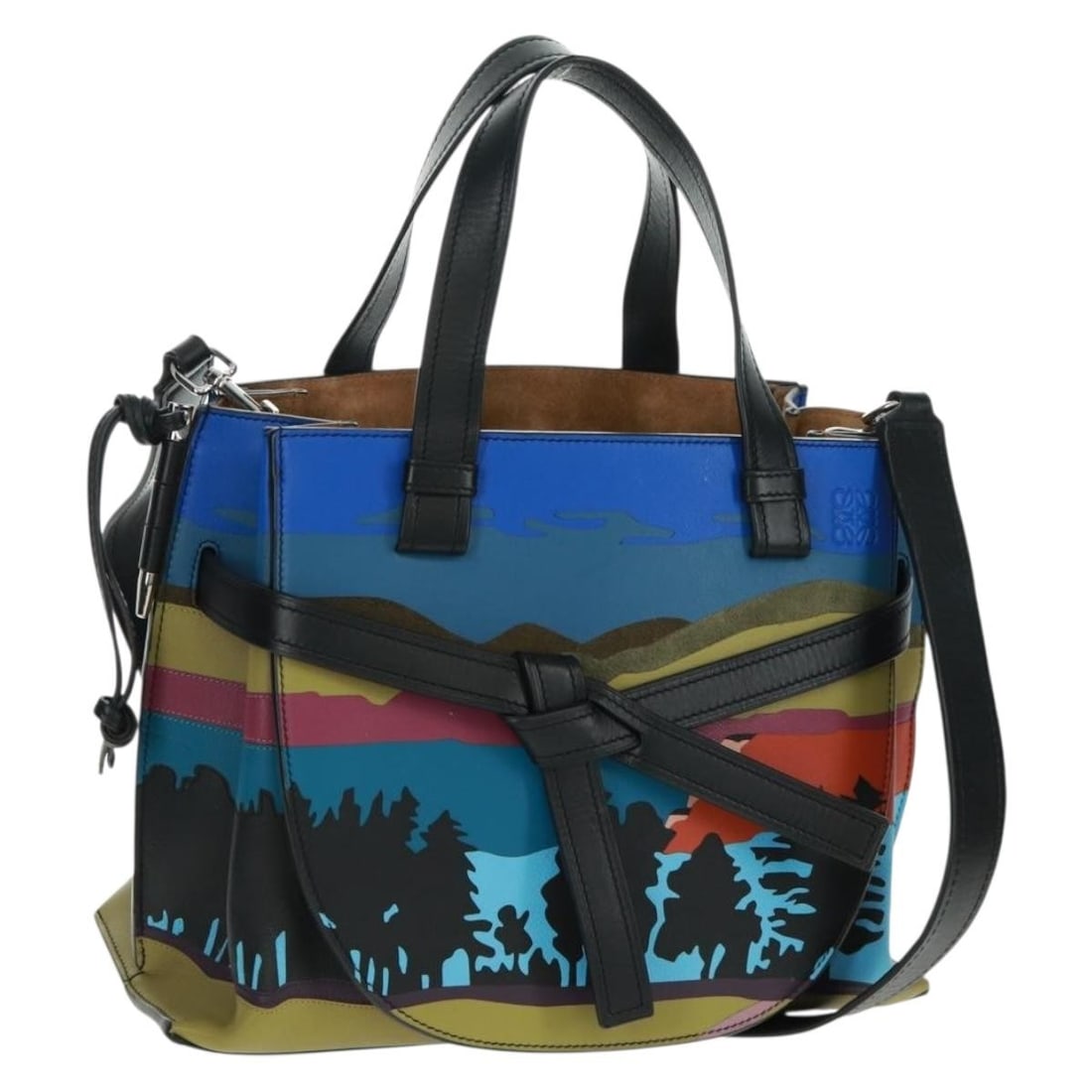 Loewe Amazona 75 Blue Leather Tote with Shoulder Strap and Dust Bag: Loewe Amazona 75 Blue Leather Tote with Shoulder Strap and Dust Bag This LOEWE Anagram Amazona 75 is a versatile 2-way handbag crafted from blue and silver leather. It features both top handles and a