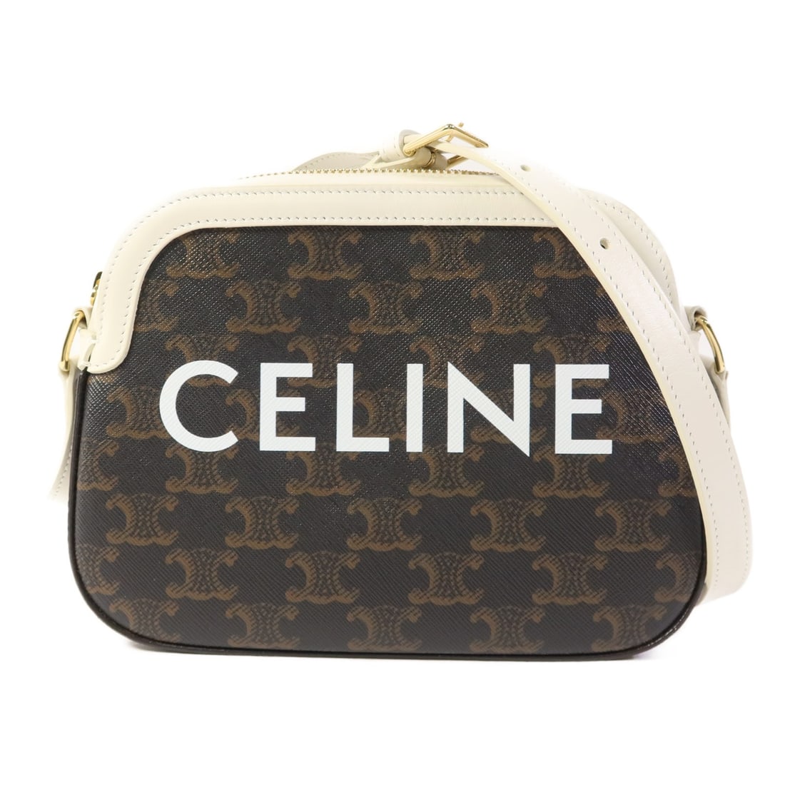 CELINE Shoulder Bag PVC Coated Canvas White Brown GHW: CELINE Shoulder Bag PVC Coated Canvas White Brown GHW This stylish shoulder bag from CELINE combines functionality with elegance. Crafted from high-quality PVC coated canvas, it features a chic brown