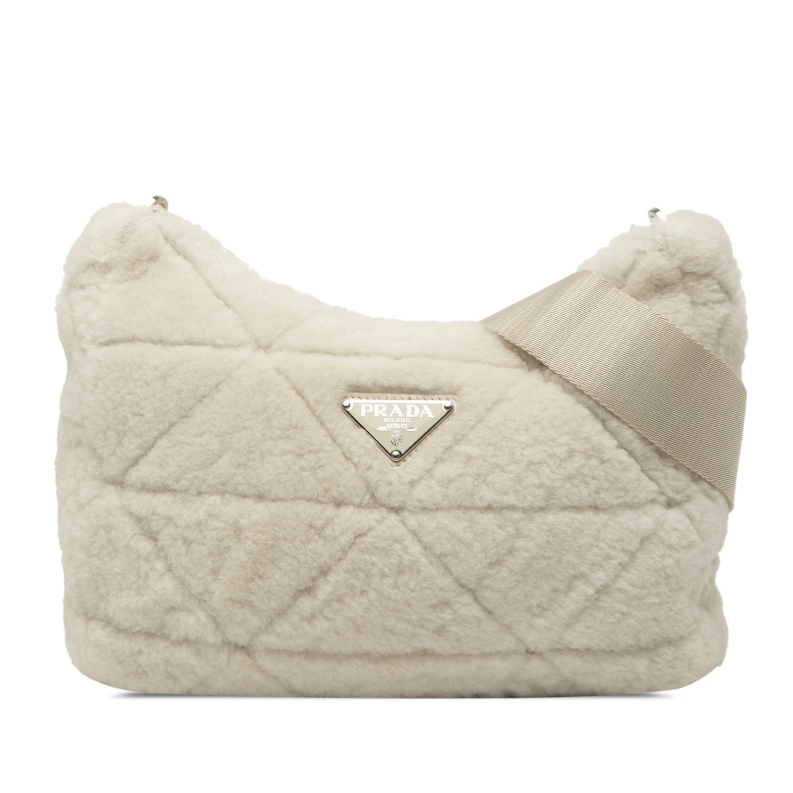 Prada Shearling Quilted Padded White Crossbody Bag with Detachable Pouch: Prada Shearling Quilted Padded White Crossbody Bag with Detachable Pouch This Prada crossbody bag features a quilted shearling body in white with an adjustable flat strap and a top zip closure. It inc