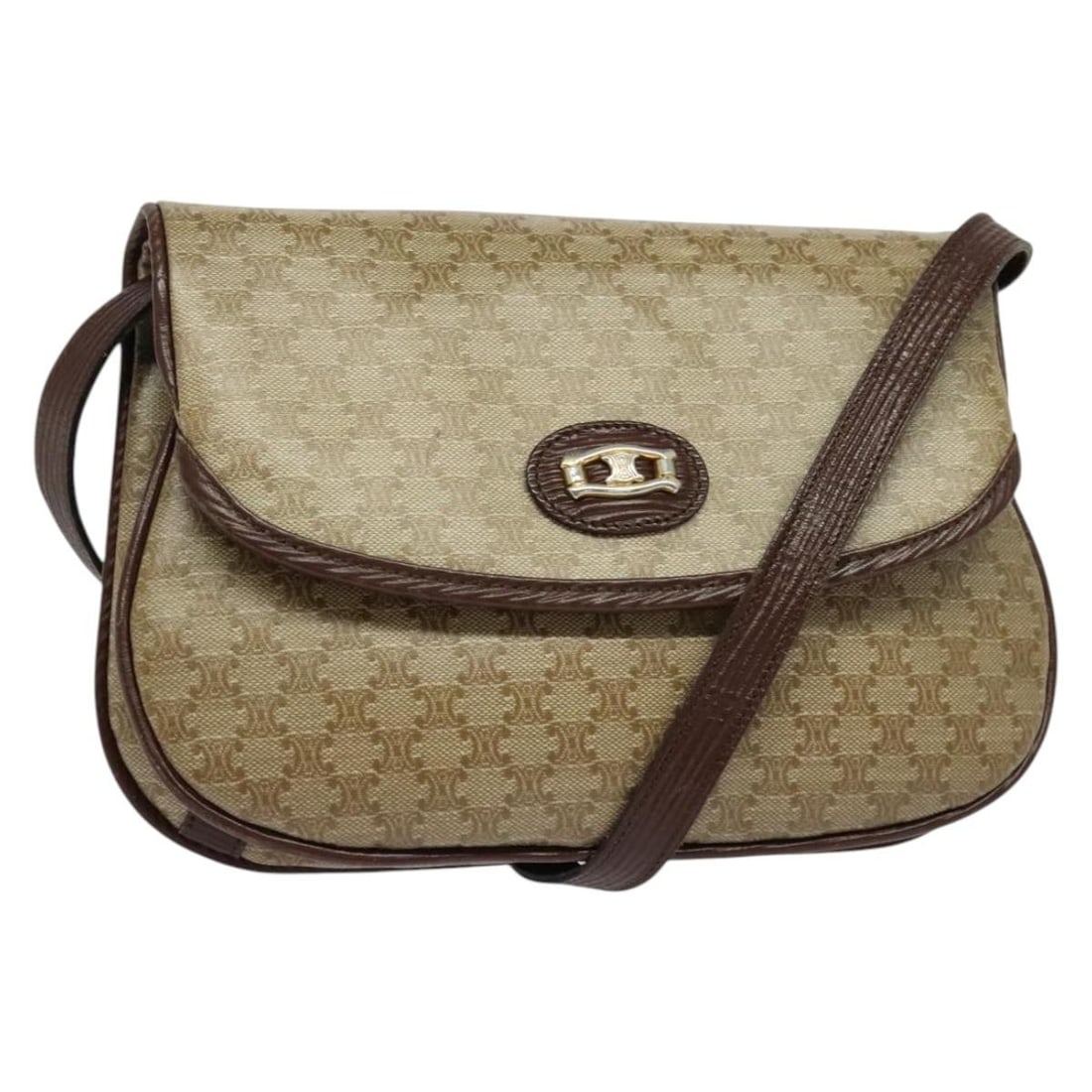 Celine Macadam Canvas Shoulder Bag Beige 23cm by 15cm by 2cm: Celine Macadam Canvas Shoulder Bag Beige 23cm by 15cm by 2cm This Celine Macadam shoulder bag for women features a beige canvas exterior with signs of wear including rubbing, slight stains, and loss o