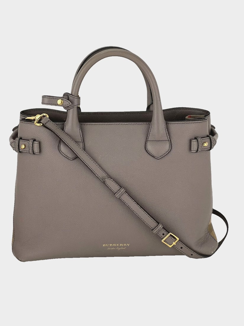 Burberry Banner House Check Leather Canvas Medium Tote Bag: Burberry Banner House Check Leather Canvas Medium Tote Bag Elevate your style with the Burberry Banner House Check Leather Canvas Medium Hand Shoulder Bag. This chic tote features a striking check pat