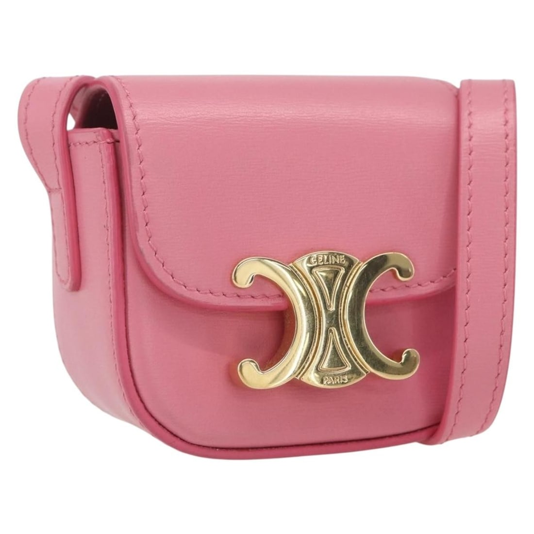 CELINE Mini Claude Triomphe Pink Leather Shoulder Bag with Dust Bag: CELINE Mini Claude Triomphe Pink Leather Shoulder Bag with Dust Bag This CELINE Triomphe Mini Claude shoulder pouch is crafted from high-quality calfskin leather in a pink and gold color combination.