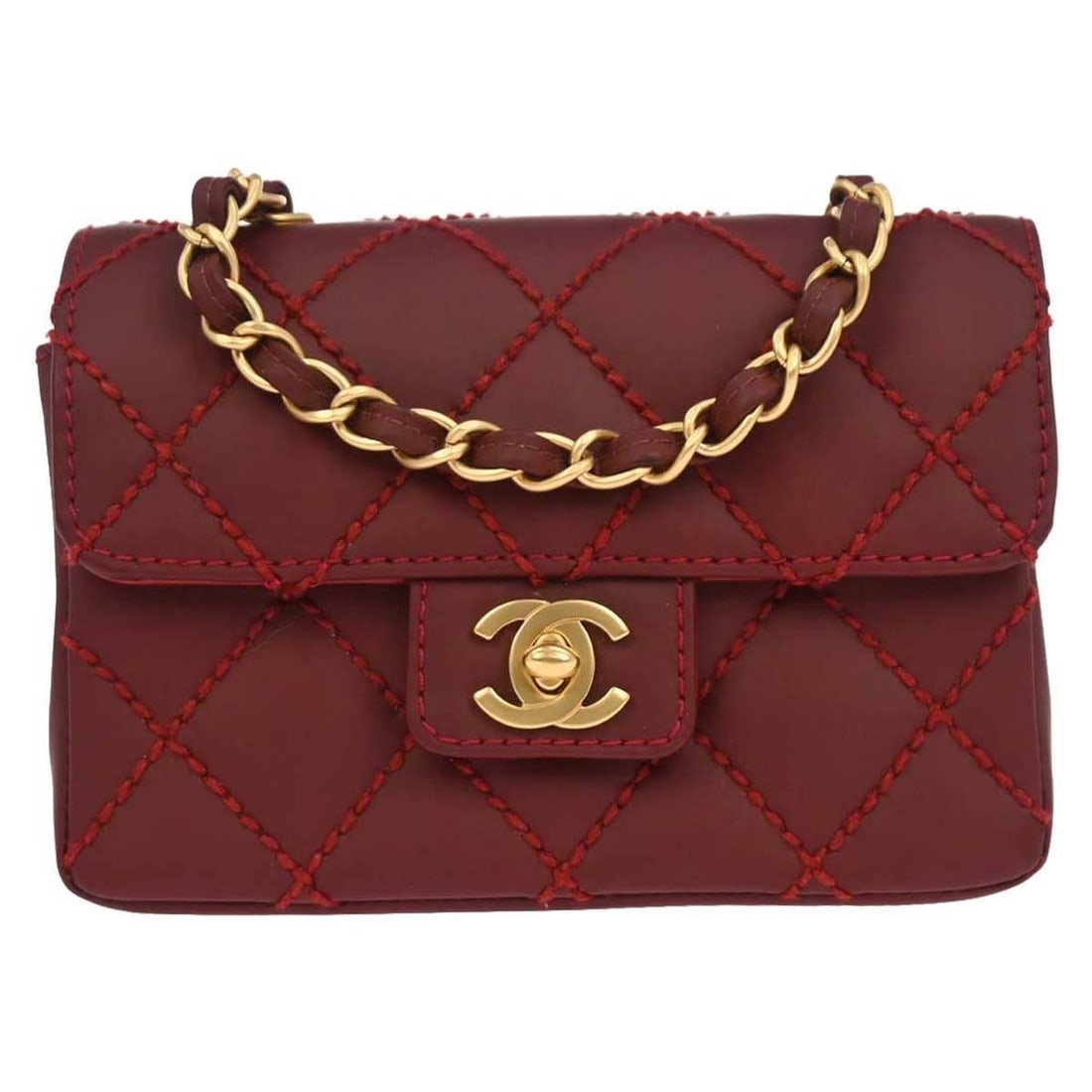 Chanel Red Leather Wild Stitch Mini Classic Flap Bag: Chanel Red Leather Wild Stitch Mini Classic Flap Bag Elevate your style with this Chanel Red Calfskin Wild Stitch Mini Classic Square Flap Bag. Crafted from luxurious leather, this small shoulder bag