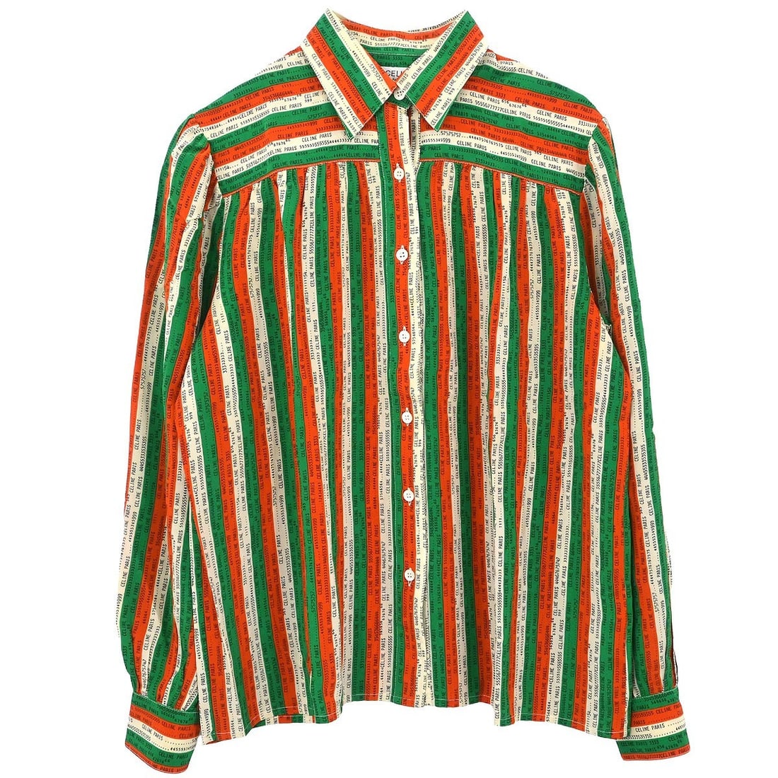 Striped Silk Collared Blouse in Orange Green by Celine Size 40: Striped Silk Collared Blouse in Orange Green by Celine Size 40 This vintage Celine blouse features a vibrant striped pattern in orange and green. Made from 100% silk, it is designed with long sleeves,
