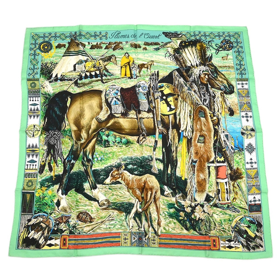 Les Cheyennes Green Silk Square Scarf by Hermes 35 Inch: Les Cheyennes Green Silk Square Scarf by Hermes 35 Inch This Hermes Carre 90 Les Cheyennes square scarf features a green color and is crafted from silk. Made in France, it measures 35 inches in length