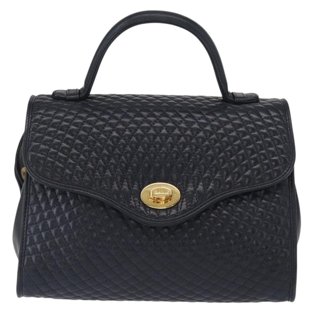 Vintage Navy Leather Handbag by Bally 24cm by 16cm by 10cm: Vintage Navy Leather Handbag by Bally 24cm by 16cm by 10cm This vintage Bally handbag is crafted from navy leather and features a quilted design. It shows signs of use including rubbing on the exterio