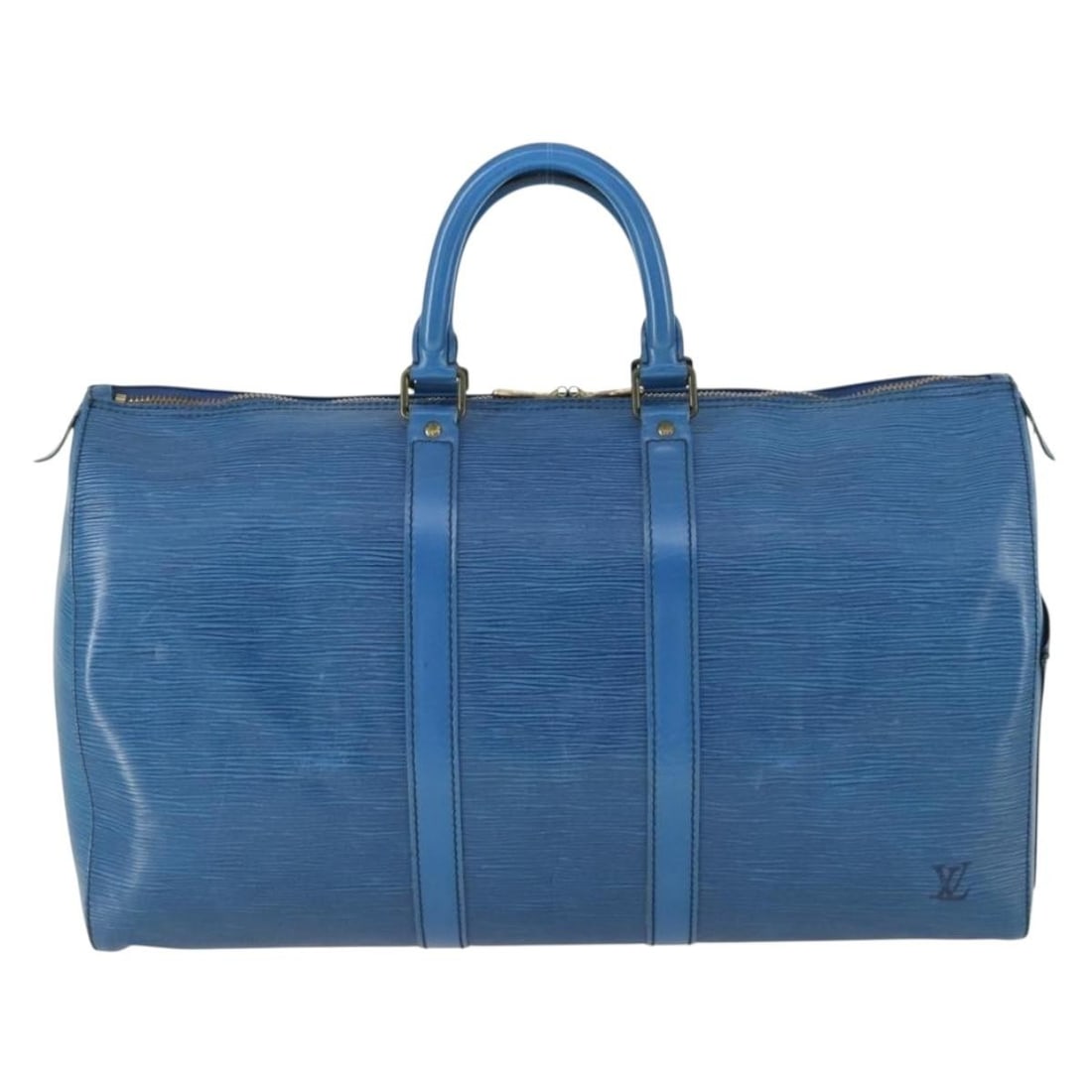 Blue Louis Vuitton Keepall 47cm Leather Travel Bag: Blue Louis Vuitton Keepall 47cm Leather Travel Bag Louis Vuitton Keepall Bag crafted from blue Epi leather features a spacious design suitable for unisex use. The bag shows signs of wear including sur