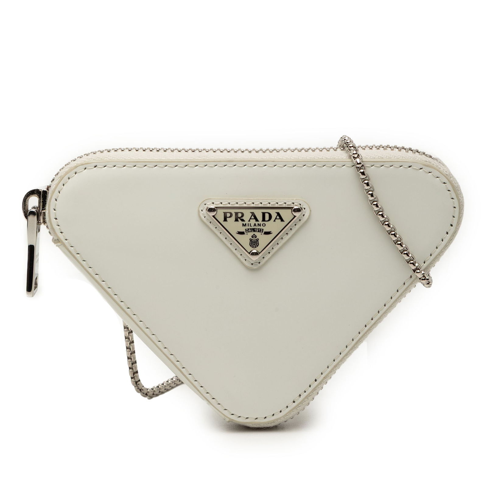 White Prada Mini Triangle Leather Crossbody Bag with Chain Strap (1 of 7)