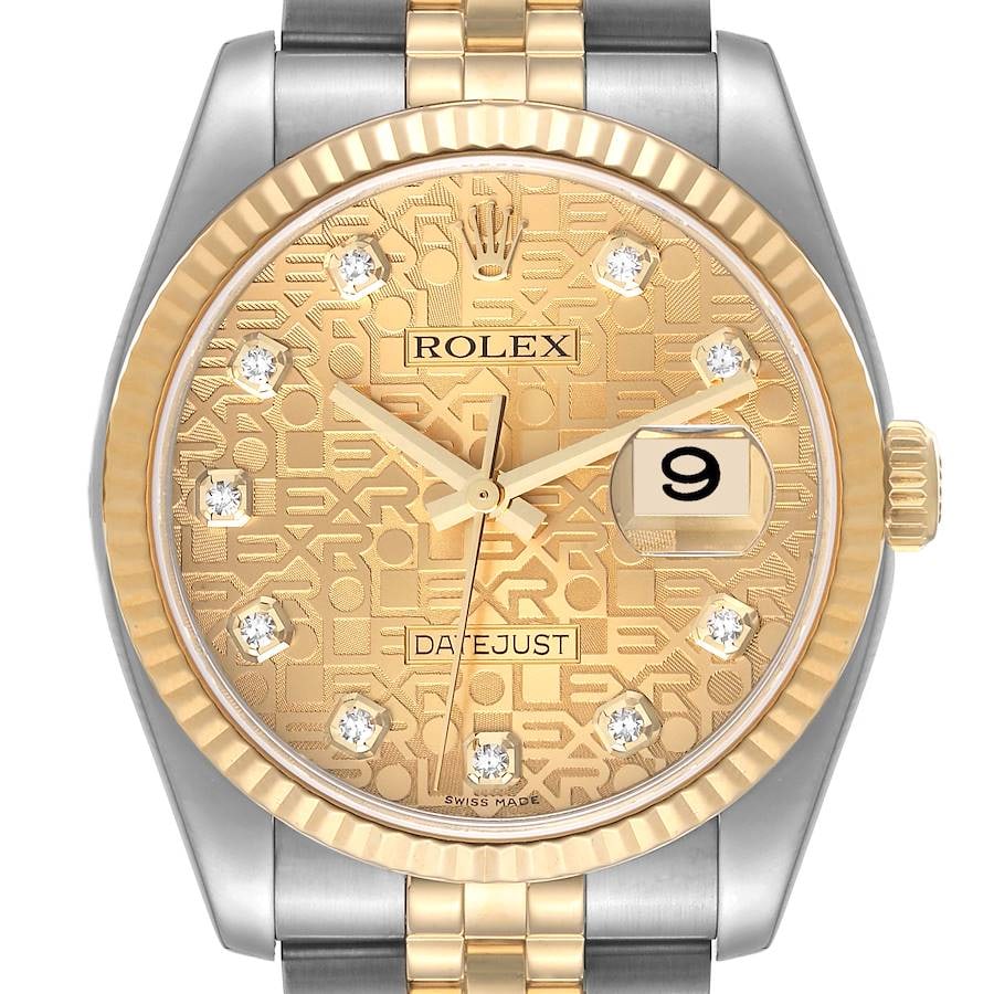 Rolex Datejust 36 Jubilee Watch Gold Anniversary Diamond Dial Ref 16233: Rolex Datejust 36 Jubilee Watch Gold Anniversary Diamond Dial Ref 16233 This Rolex Datejust 36 is a men's timepiece featuring a gold anniversary diamond dial, a fluted bezel, and a Jubilee bracelet. T