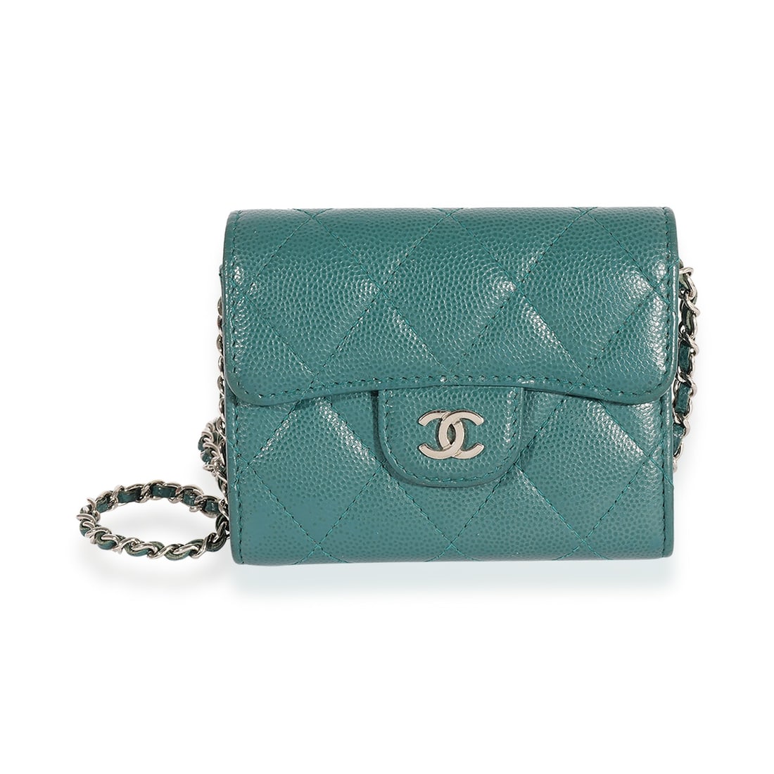 Chanel Teal Caviar Classic Card Holder on Chain 2019: Chanel Teal Caviar Classic Card Holder on Chain 2019 This Chanel Quilted Caviar Classic Card Holder on Chain Handbag is a stylish mini accessory crafted from luxurious leather, featuring a stunning te