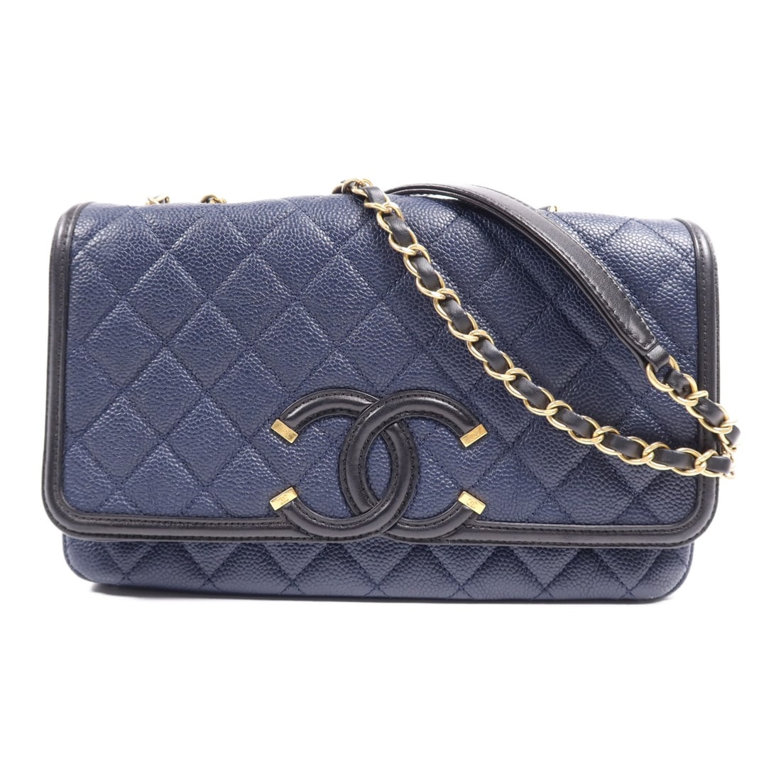 CHANEL Navy Calfskin Filigree Chain Shoulder Bag GHW: CHANEL Navy Calfskin Filigree Chain Shoulder Bag GHW This elegant CHANEL shoulder bag features a stunning filigree chain design and is crafted from premium calfskin leather in a sophisticated navy col