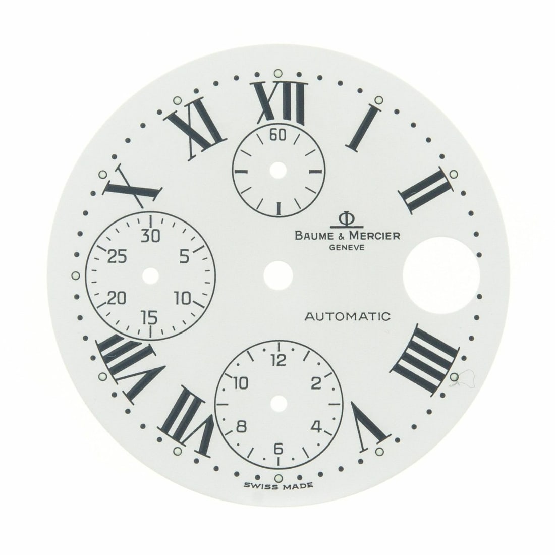 Baume & Mercier 29mm White Roman Numerals Watch Dial: Baume & Mercier 29mm White Roman Numerals Watch Dial This is a pre-owned Baume & Mercier watch dial, featuring a classic white color and Roman numerals for a timeless look. It is compatible with Baume
