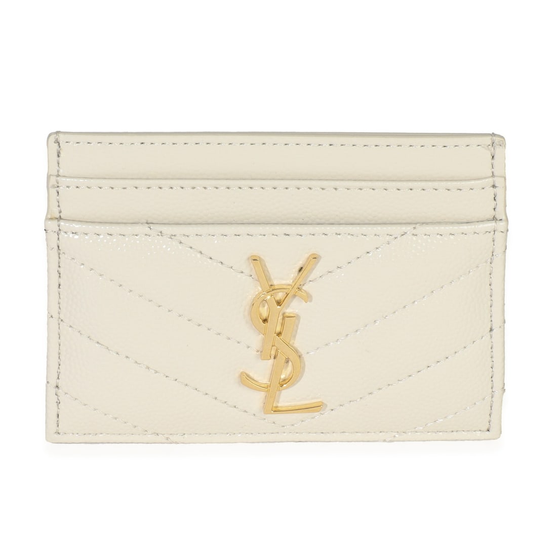 Saint Laurent Cassandre White Leather Matelasse Grain Card Holder Wallet: Saint Laurent Cassandre White Leather Matelasse Grain Card Holder Wallet This Saint Laurent Blanc Vintage Grain De Poudre Matelasse Cassandre card case is crafted in white leather with a gold-tone har