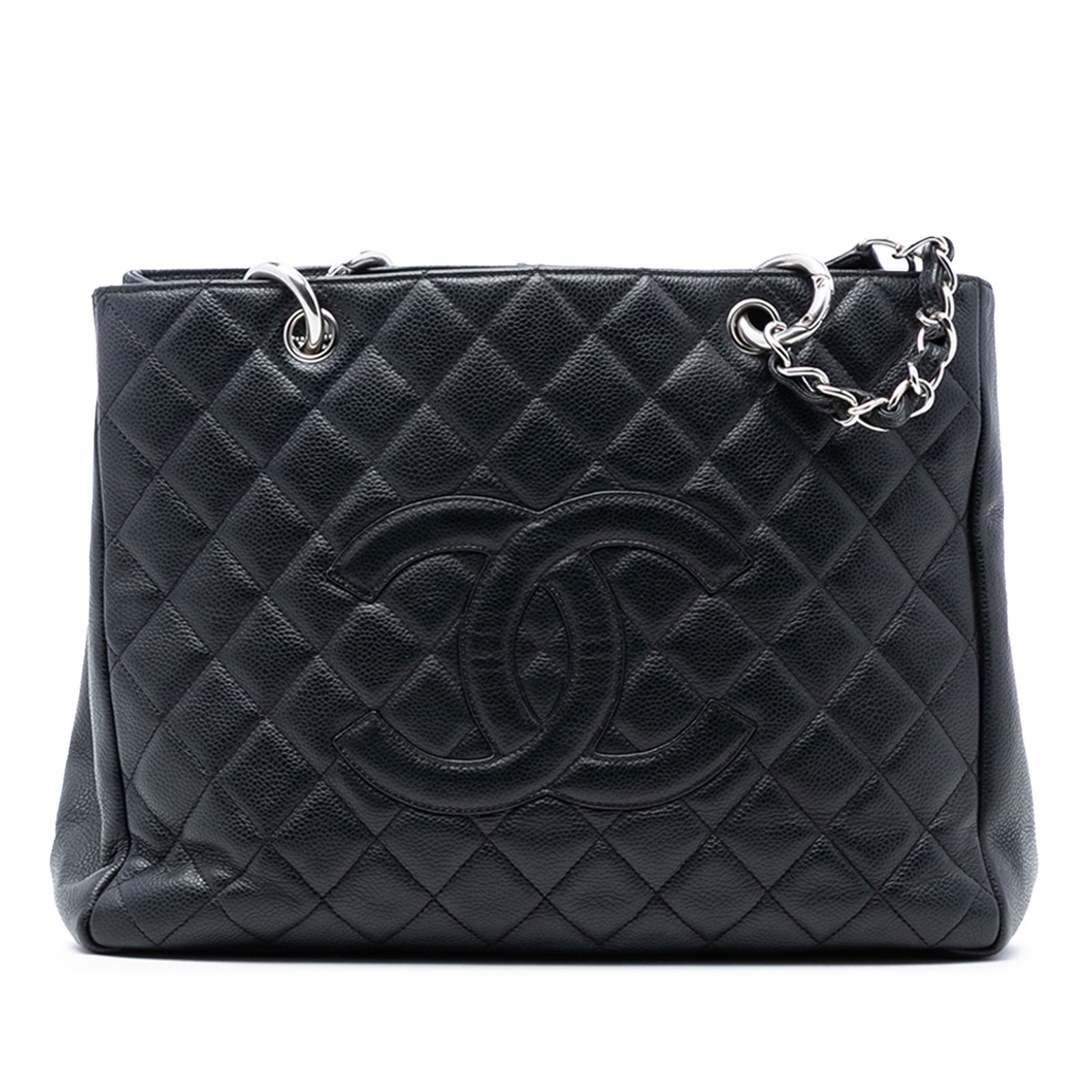 Black Caviar Leather Grand Shopping Tote Bag by Chanel: Black Caviar Leather Grand Shopping Tote Bag by Chanel This Chanel Caviar Grand Shopping Tote features a quilted Caviar leather body in black, leather-woven chain shoulder straps, an open top, an inte