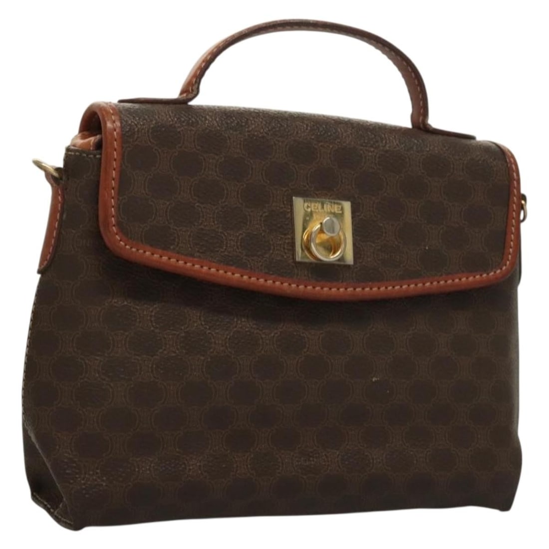 Celine Macadam Canvas Brown Triomphe Vintage Handbag Italy 19cm: Celine Macadam Canvas Brown Triomphe Vintage Handbag Italy 19cm This Celine Triomphe vintage handbag features the iconic Macadam canvas in brown, designed for women. The bag shows signs of use, includ