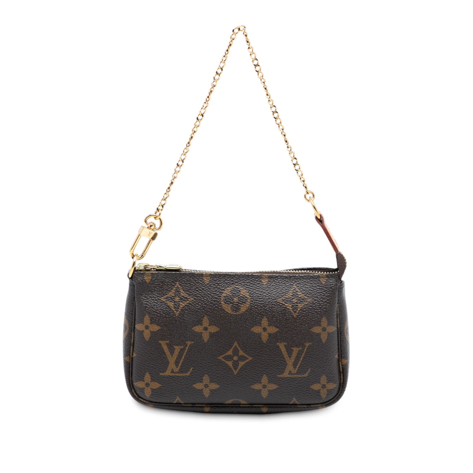 Louis Vuitton Mini Monogram Canvas Pouch with Chain Strap: Louis Vuitton Mini Monogram Canvas Pouch with Chain Strap This Louis Vuitton Mini Pochette Accessoires showcases the iconic monogram canvas, complemented by a gold-tone chain strap and a top zip closu