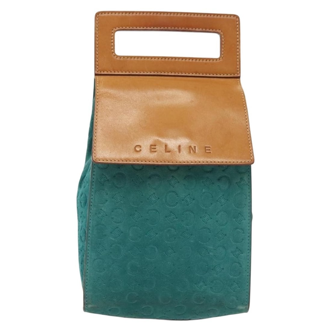 Macadam Suede Shoulder Bag by Celine in Turquoise: Macadam Suede Shoulder Bag by Celine in Turquoise This Celine Macadam shoulder bag features a turquoise suede exterior and is designed for women. The bag shows signs of use, including surface rubbing,