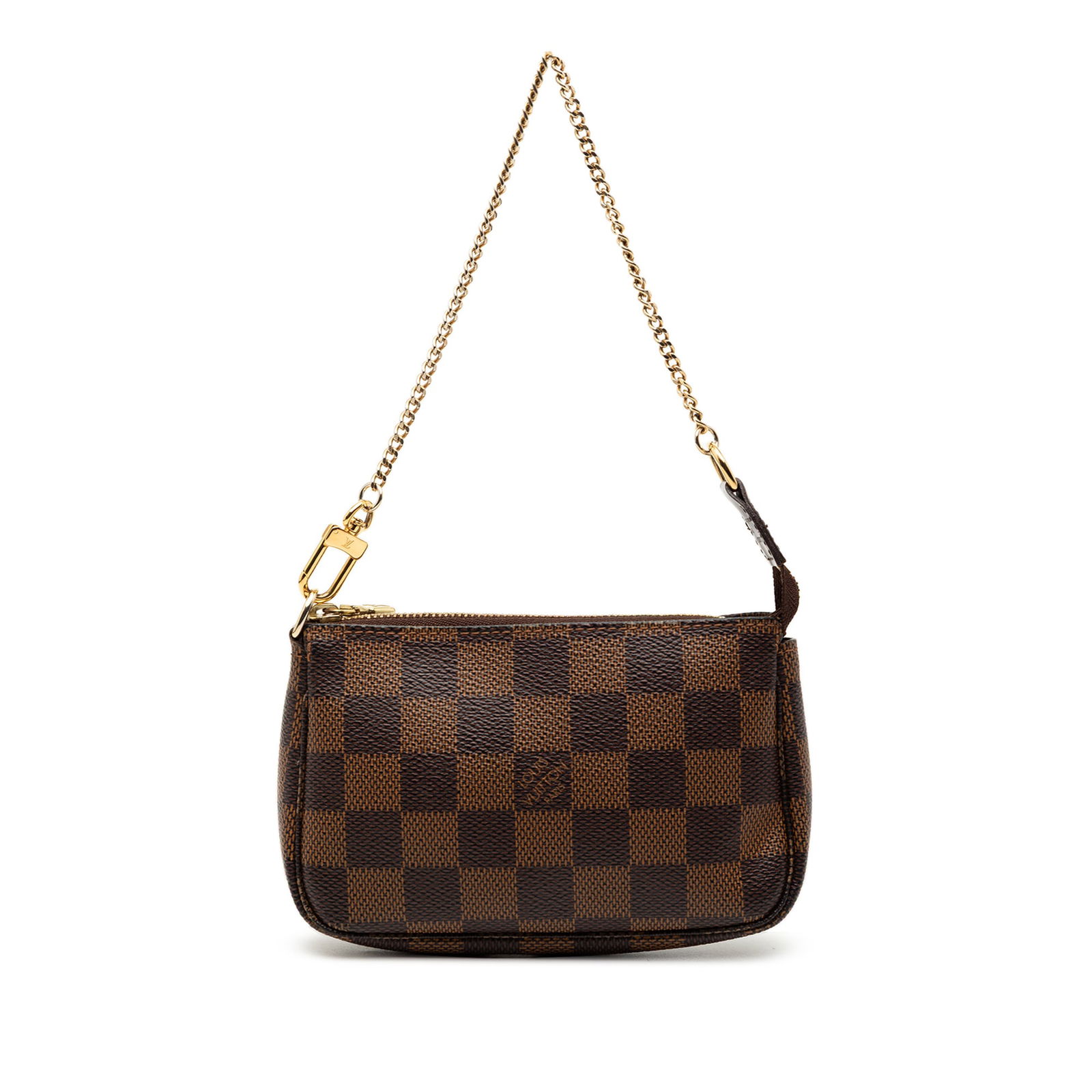 Damier Ebene Canvas Mini Pochette Accessoires by Louis Vuitton: Damier Ebene Canvas Mini Pochette Accessoires by Louis Vuitton This Louis Vuitton Damier Ebene Mini Pochette Accessoires features a damier ebene canvas body, a gold-tone chain link strap, and a top zi