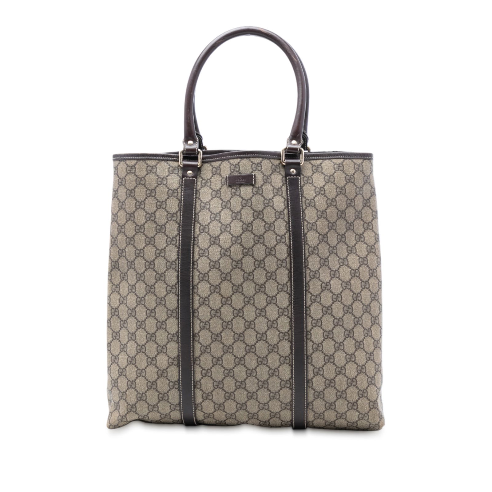 Gucci GG Supreme Joy Vertical Tote Brown Canvas Leather Handles: Gucci GG Supreme Joy Vertical Tote Brown Canvas Leather Handles This Gucci GG Supreme Joy Vertical Tote features a coated canvas body accented with leather trim and rolled leather handles. The bag is