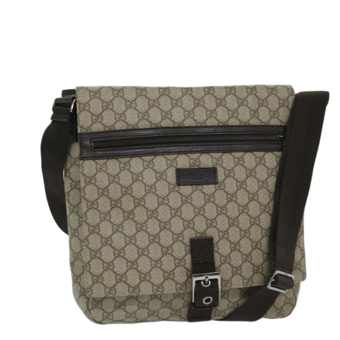 Unisex Beige Gucci GG Supreme Canvas Messenger Bag 30x31x7cm: Unisex Beige Gucci GG Supreme Canvas Messenger Bag 30x31x7cm Unisex Gucci GG Supreme Messenger Bag crafted from beige GG canvas, featuring a spacious interior and multiple pockets. The bag shows sligh