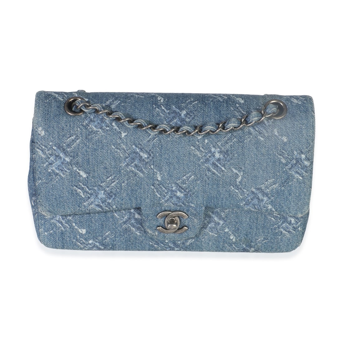 Chanel Medium Classic Double Flap Blue Denim Chain Print Shoulder Bag: Chanel Medium Classic Double Flap Blue Denim Chain Print Shoulder Bag This Chanel Medium Classic Double Flap Bag features a blue bleached denim exterior with a distinctive chain print. The bag is desi