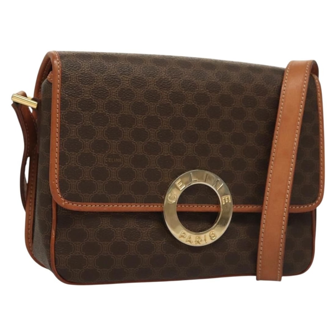 Brown Celine Macadam Canvas Shoulder Bag with Leather Accents: Brown Celine Macadam Canvas Shoulder Bag with Leather Accents This Celine Macadam Shoulder Bag features a brown canvas exterior with leather trim and the signature Macadam pattern. Designed for women,