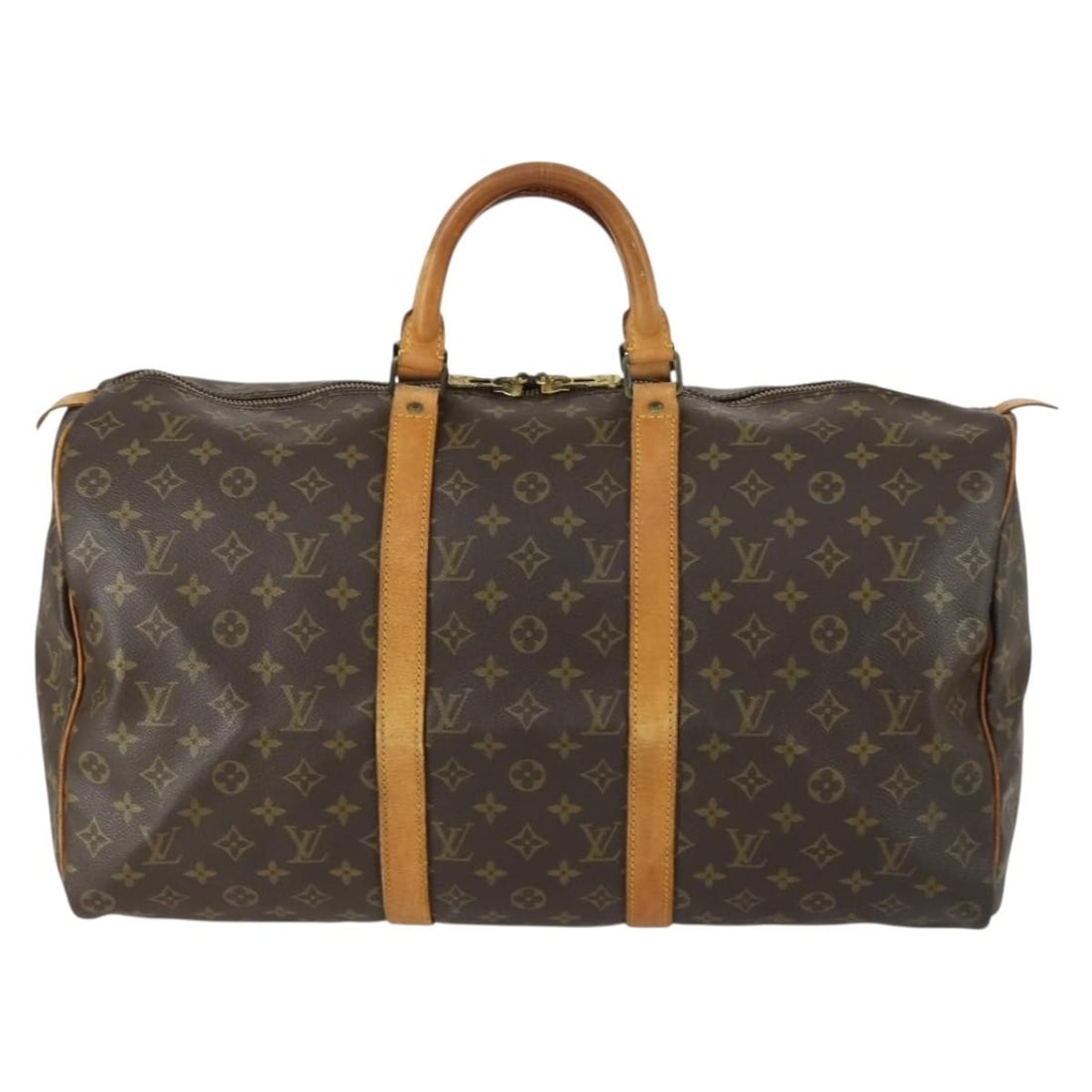 Keepall Travel Bag in Brown Monogram Canvas by Louis Vuitton: Keepall Travel Bag in Brown Monogram Canvas by Louis Vuitton This Louis Vuitton Keepall bag features the classic Monogram canvas in brown and is designed for unisex use. The bag shows signs of wear, i