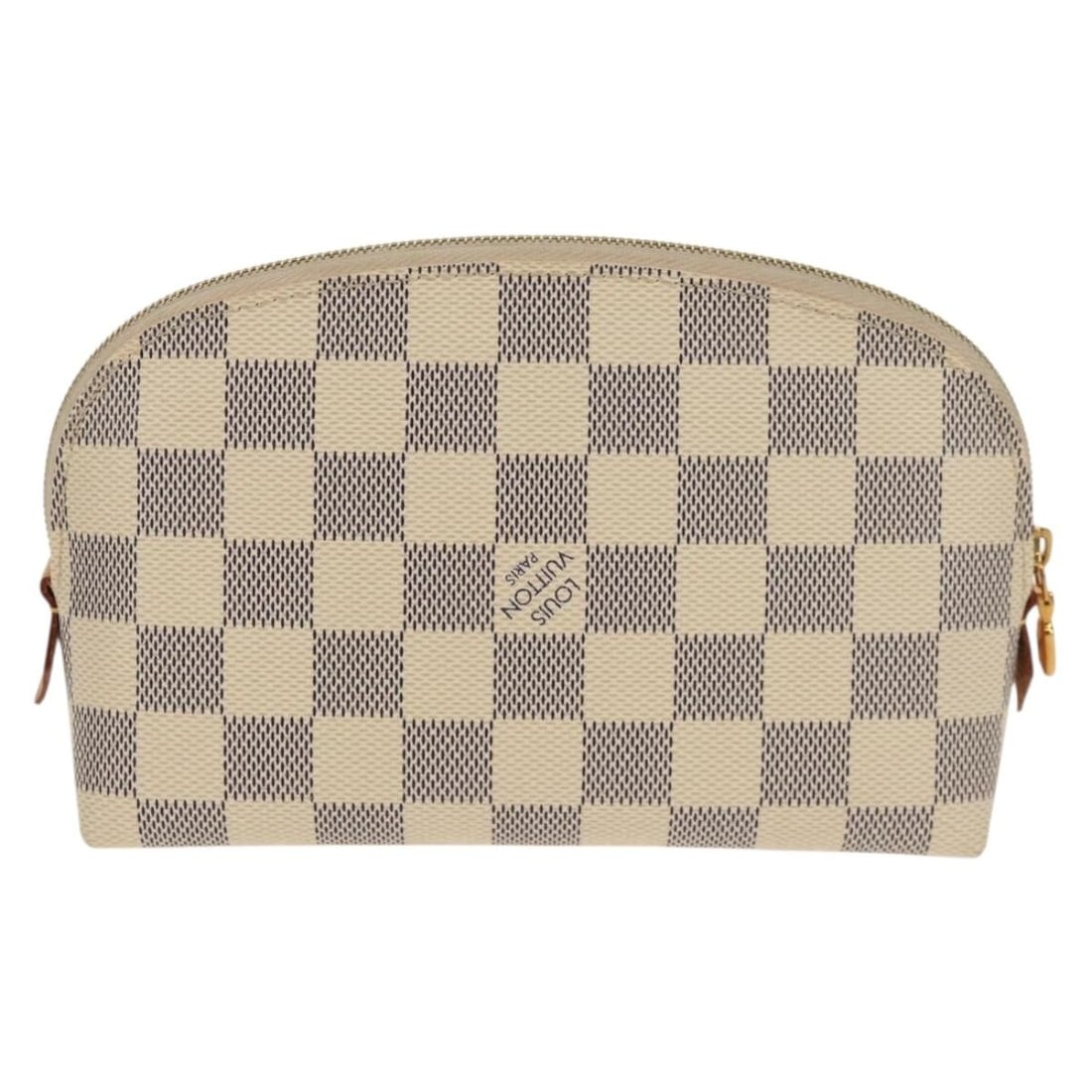 Canvas Cosmetic Pouch in Damier Pattern by Louis Vuitton: Canvas Cosmetic Pouch in Damier Pattern by Louis Vuitton This Louis Vuitton Cosmetic Pouch features a beige Damier canvas exterior with leather accents. The compact pouch is designed for female use an