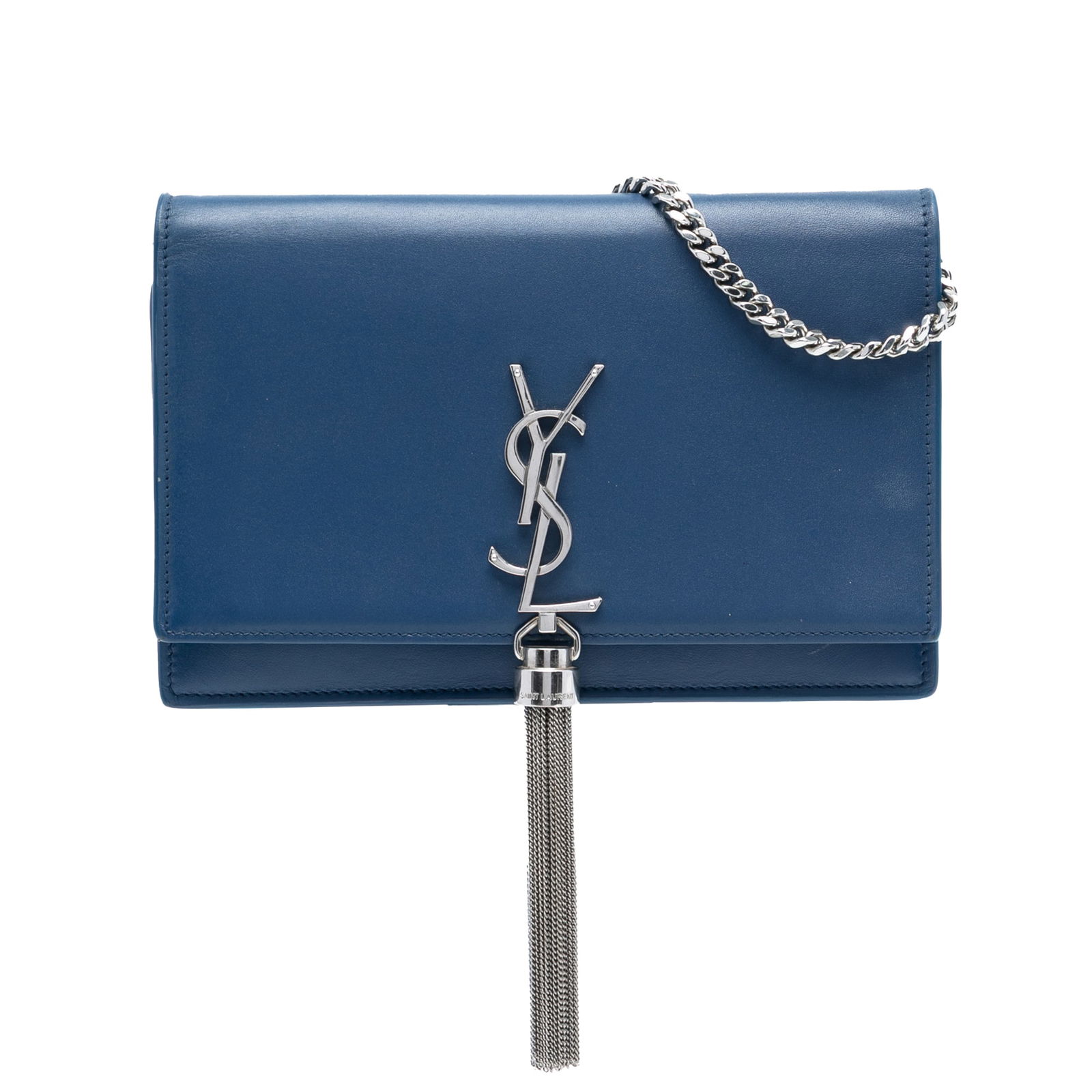 Blue Leather Kate Monogram Crossbody Bag with Tassel by Saint Laurent: Blue Leather Kate Monogram Crossbody Bag with Tassel by Saint Laurent This Saint Laurent Small Smooth Calfskin Monogram Kate Tassel Crossbody features a blue leather body with a distinctive tassel det