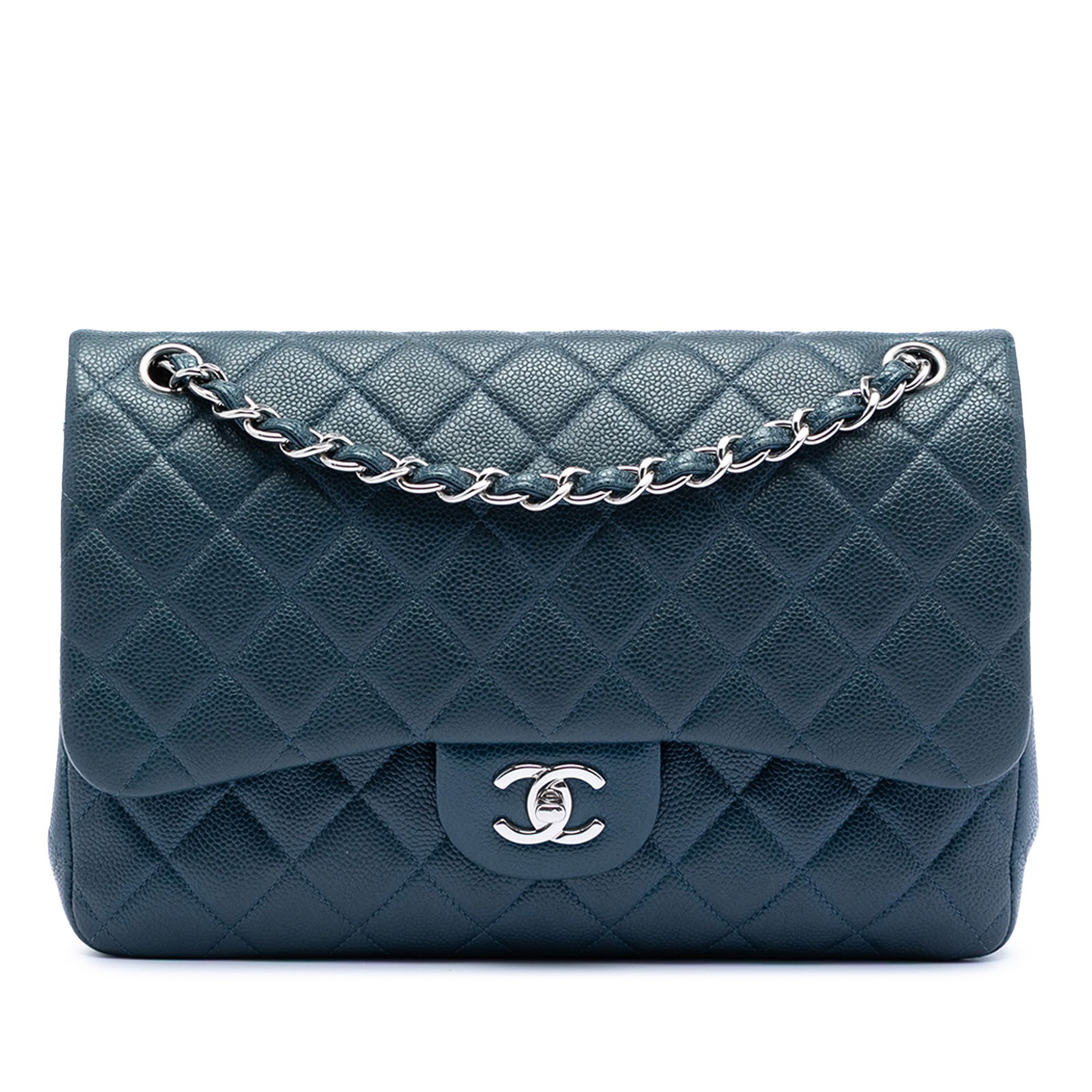 Blue Chanel Jumbo Classic Caviar Leather Double Flap Shoulder Bag: Blue Chanel Jumbo Classic Caviar Leather Double Flap Shoulder Bag This Chanel Jumbo Classic Caviar Double Flap shoulder bag features a quilted caviar leather body in blue, leather-woven chain straps,