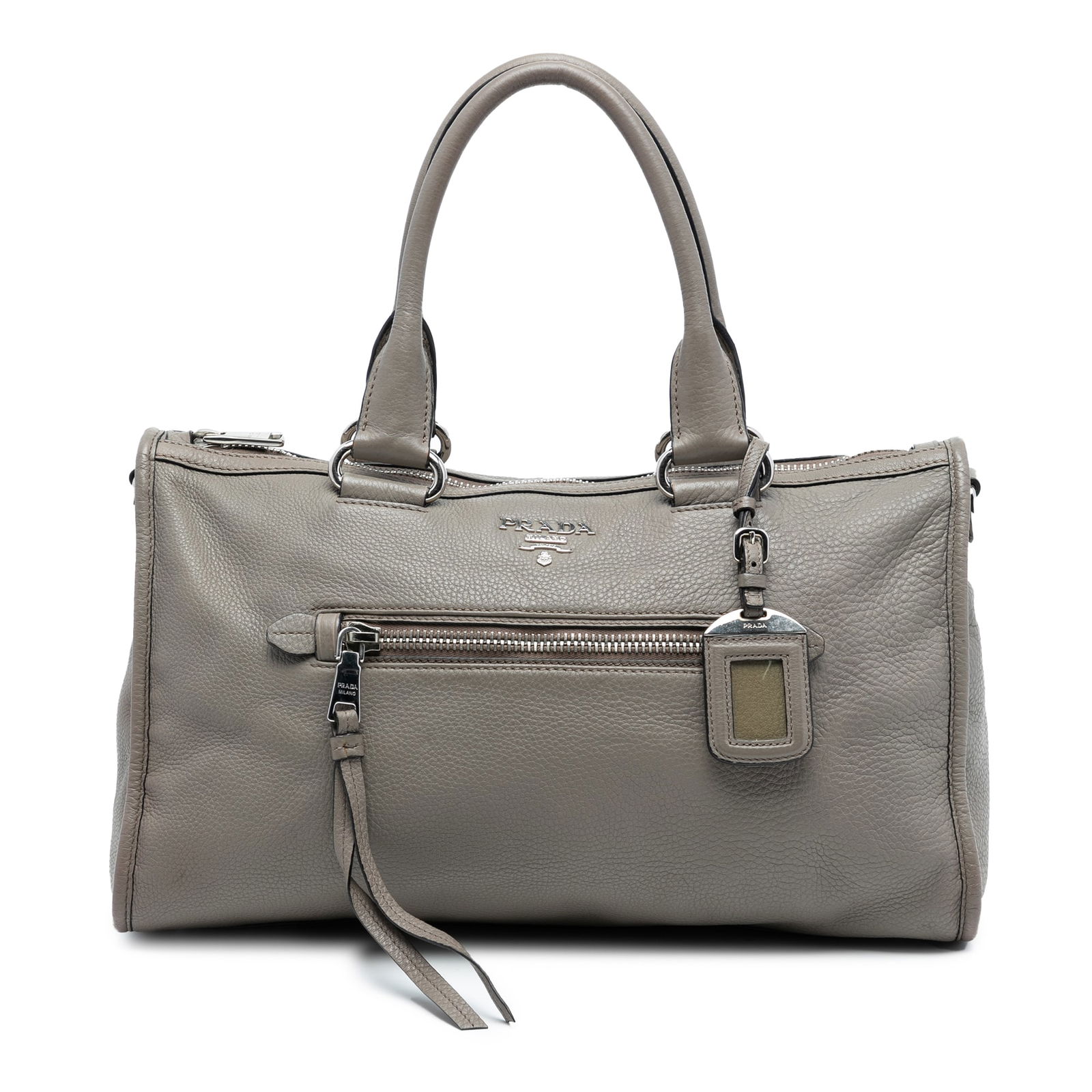 Leather Satchel by Prada Vitello Daino with Top Zip Gray: Leather Satchel by Prada Vitello Daino with Top Zip Gray This Prada Vitello Daino Zip Top Satchel features a leather body with rolled leather handles, a top zip closure, an exterior zip pocket, and in