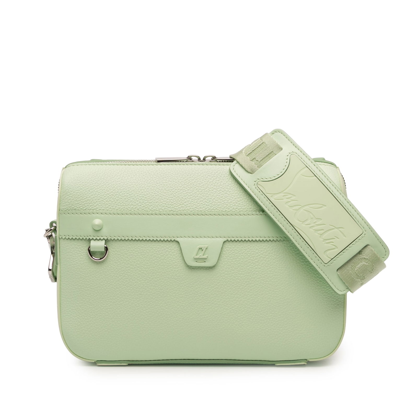 Green Leather Ruisbuddy Crossbody Bag by Christian Louboutin: Green Leather Ruisbuddy Crossbody Bag by Christian Louboutin The Christian Louboutin Leather Ruisbuddy Crossbody features a green leather body with a flat shoulder strap, top zip closure, and interior