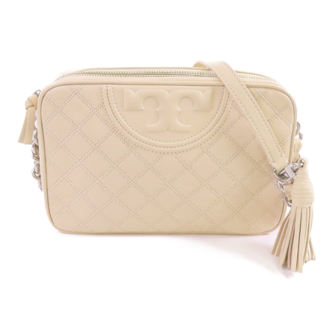 Tory Burch Beige Calfskin Leather Chain Strap Shoulder Bag 10005608: Tory Burch Beige Calfskin Leather Chain Strap Shoulder Bag 10005608 This Tory Burch shoulder bag is crafted from beige calfskin leather and features a chain shoulder strap with silver tone hardware. T