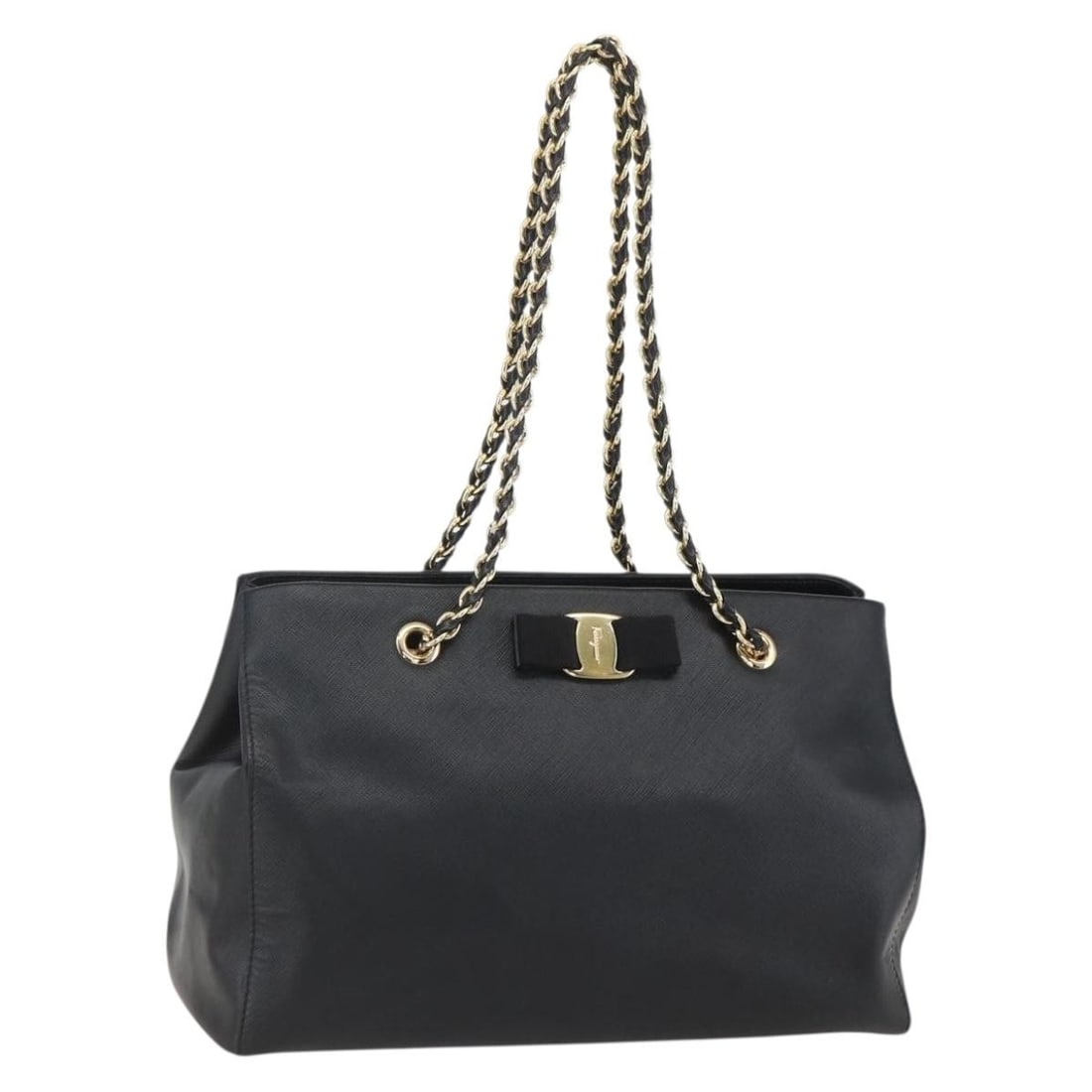 Salvatore Ferragamo Vala Leather Shoulder Bag Black with Chain Strap (1 of 18)