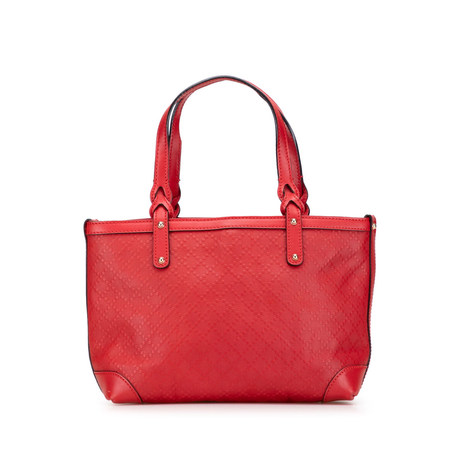 Gucci Small Diamante Leather Craft Tote Red Italy: Gucci Small Diamante Leather Craft Tote Red Italy This Gucci Small Diamante Leather Craft Tote showcases a striking red leather body, complemented by flat leather handles and an open top secured with