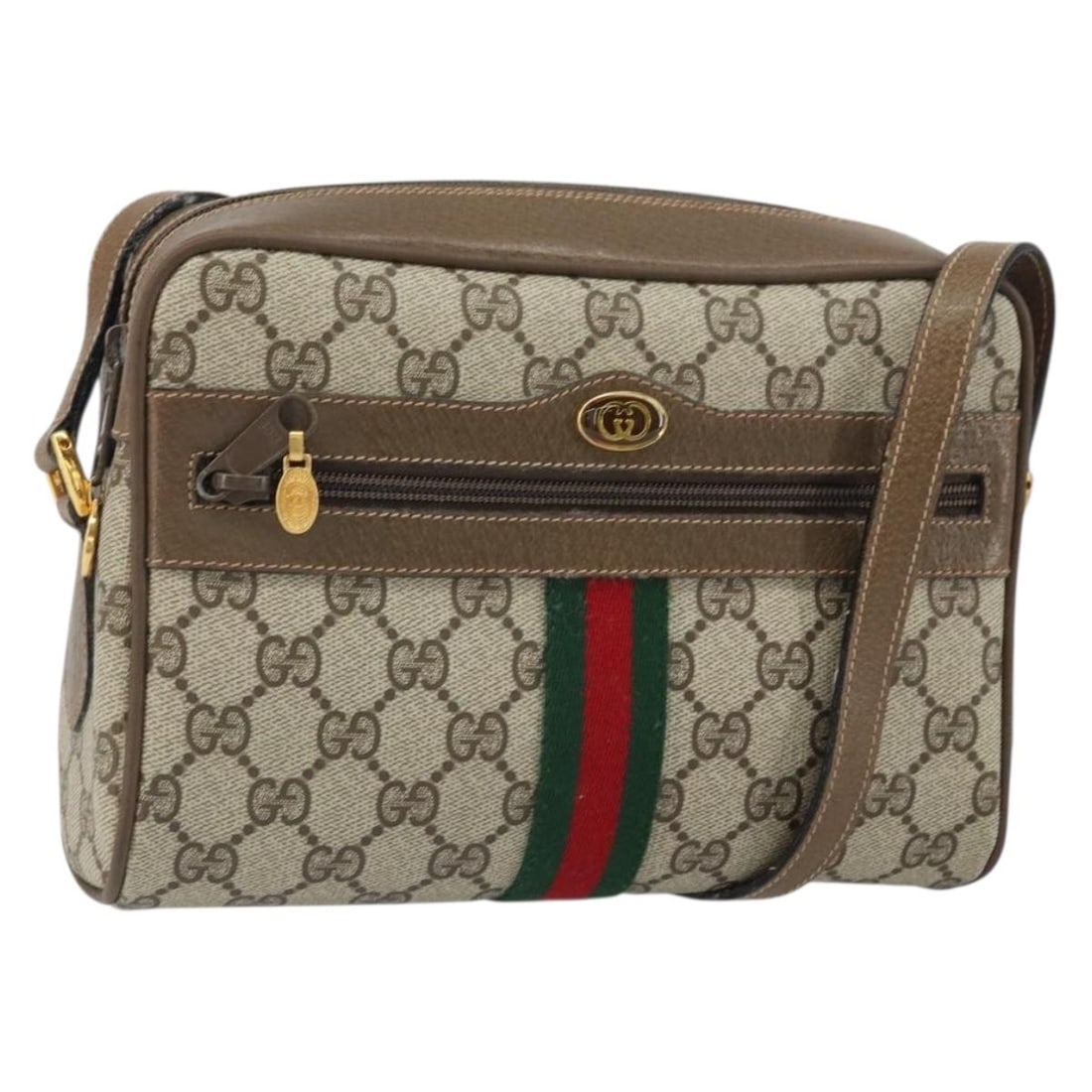 Beige GG Canvas PVC Gucci Shoulder Bag 68 02 004 with Sherry Stripe: Beige GG Canvas PVC Gucci Shoulder Bag 68 02 004 with Sherry Stripe This Gucci GG Supreme Web Sherry Line Shoulder Bag features a beige PVC leather and GG canvas exterior with signature Gucci design e