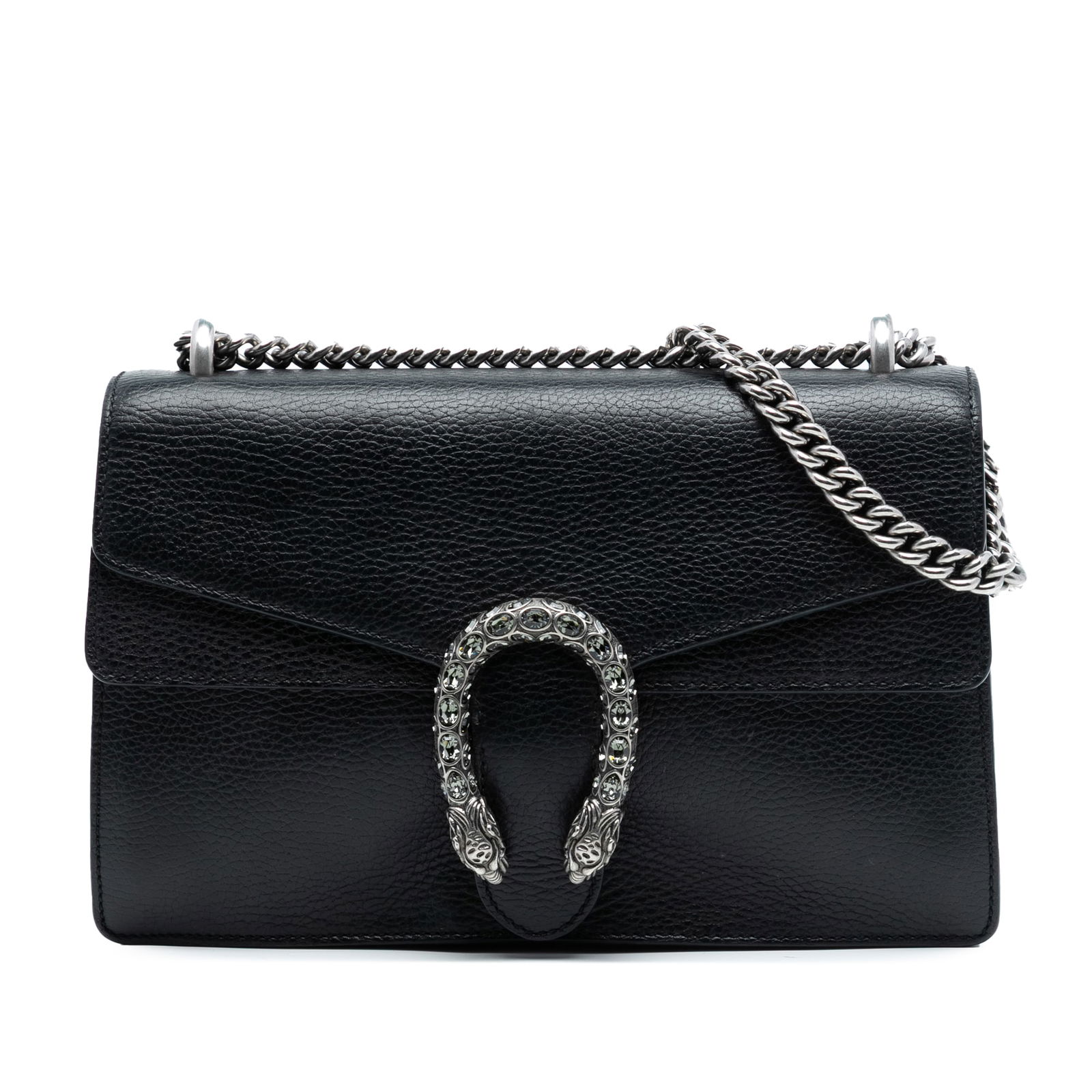 Black Dionysus Medium Leather Shoulder Bag with Chain Strap by Gucci: Black Dionysus Medium Leather Shoulder Bag with Chain Strap by Gucci This Gucci Medium Leather Dionysus Shoulder Bag features a black leather body with a chain shoulder strap and a front flap secured