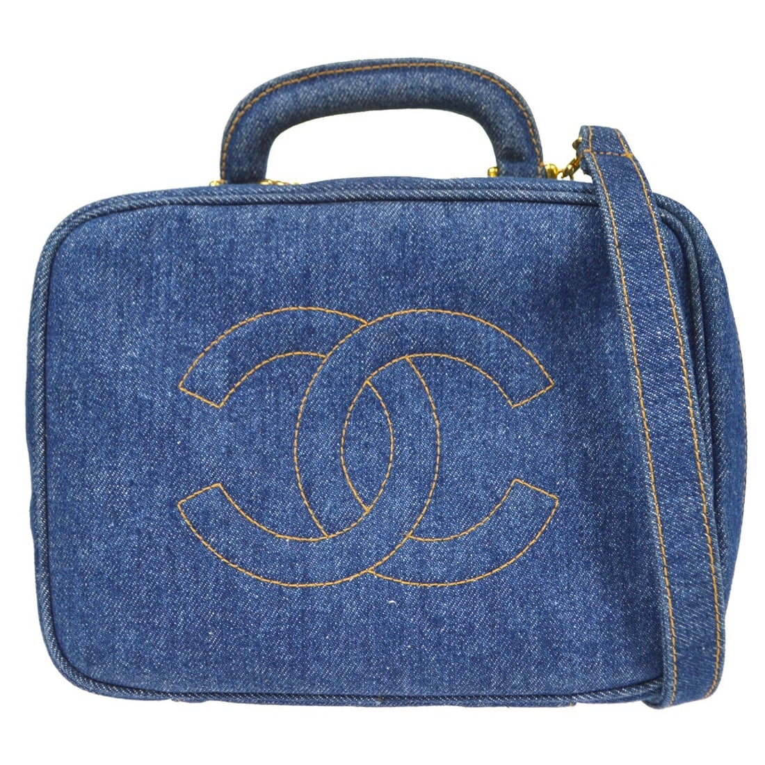 Chanel Timeless Vanity Lunch Box Blue Denim Medium 2Way Handbag: Chanel Timeless Vanity Lunch Box Blue Denim Medium 2Way Handbag This Chanel Timeless Lunch Box Vanity 24 2way handbag features an indigo blue denim leather exterior with gold-plated hardware and a sig