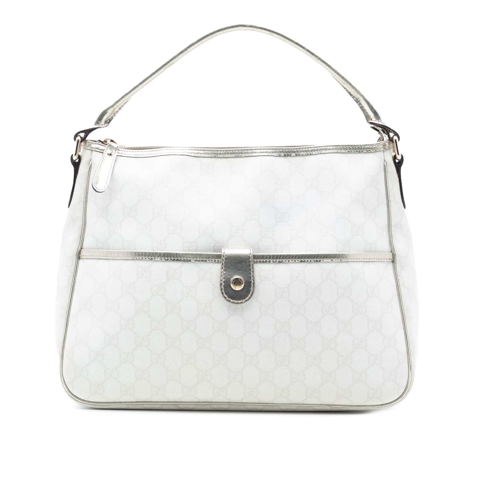 Gucci GG Supreme Joy White Canvas Handbag with Leather Trim: Gucci GG Supreme Joy White Canvas Handbag with Leather Trim This Gucci GG Supreme Joy handbag features a coated canvas body with leather trim, a flat leather handle, a top zip closure, an exterior fro