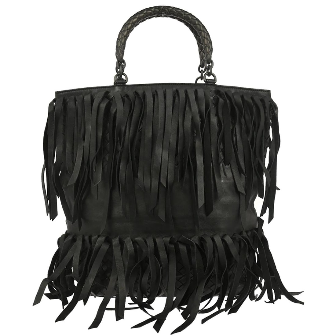 Leather Fringe Belt Tote Bag by Bottega Veneta in Black: Leather Fringe Belt Tote Bag by Bottega Veneta in Black This Bottega Veneta Fringe Belt Tote is crafted from black leather featuring the signature Intrecciato nappa weave. Designed for women, this ele