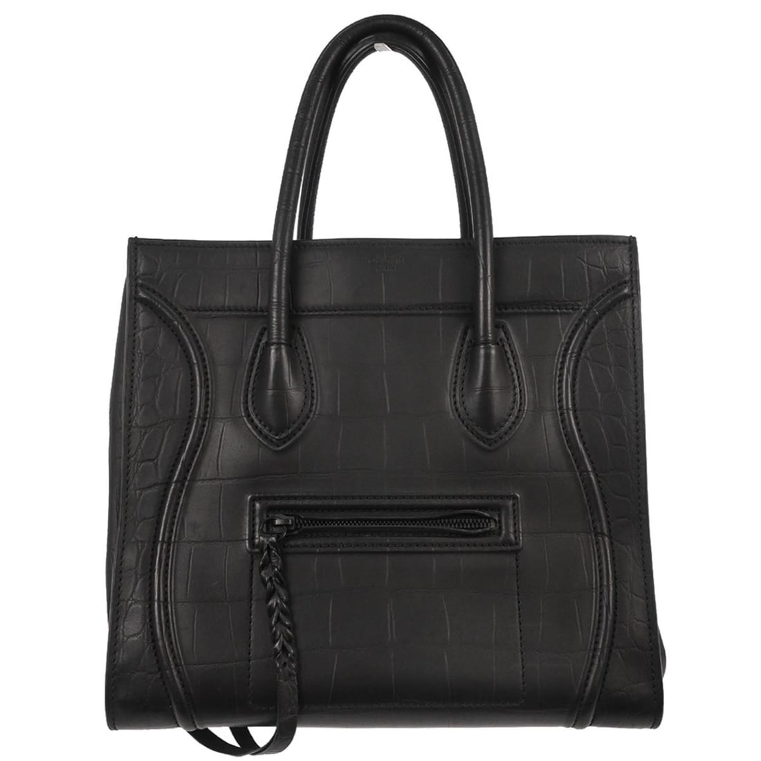 Celine Phantom Black Crocodile Embossed Leather Handbag: Celine Phantom Black Crocodile Embossed Leather Handbag This Celine Phantom Bag is crafted from black crocodile-embossed leather, designed for women. It features a spacious interior and a sleek silhou