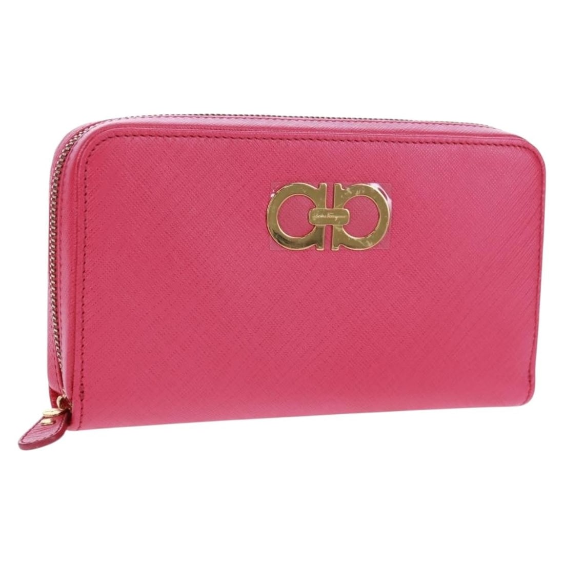 Gancini Pink Leather Long Bifold Wallet by Salvatore Ferragamo with Box: Gancini Pink Leather Long Bifold Wallet by Salvatore Ferragamo with Box This Salvatore Ferragamo Gancini round long wallet features a sophisticated design crafted from pink leather with gold-tone acce
