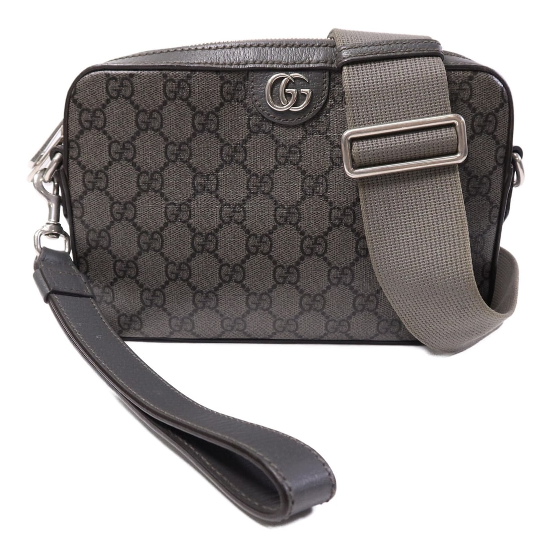 Ophidia GG Camera Shoulder Bag by Gucci Gray PVC Coated Canvas: Ophidia GG Camera Shoulder Bag by Gucci Gray PVC Coated Canvas This Gucci Ophidia GG Camera Shoulder Bag features a gray PVC coated canvas exterior and a sleek, compact design. Crafted in Italy, it of