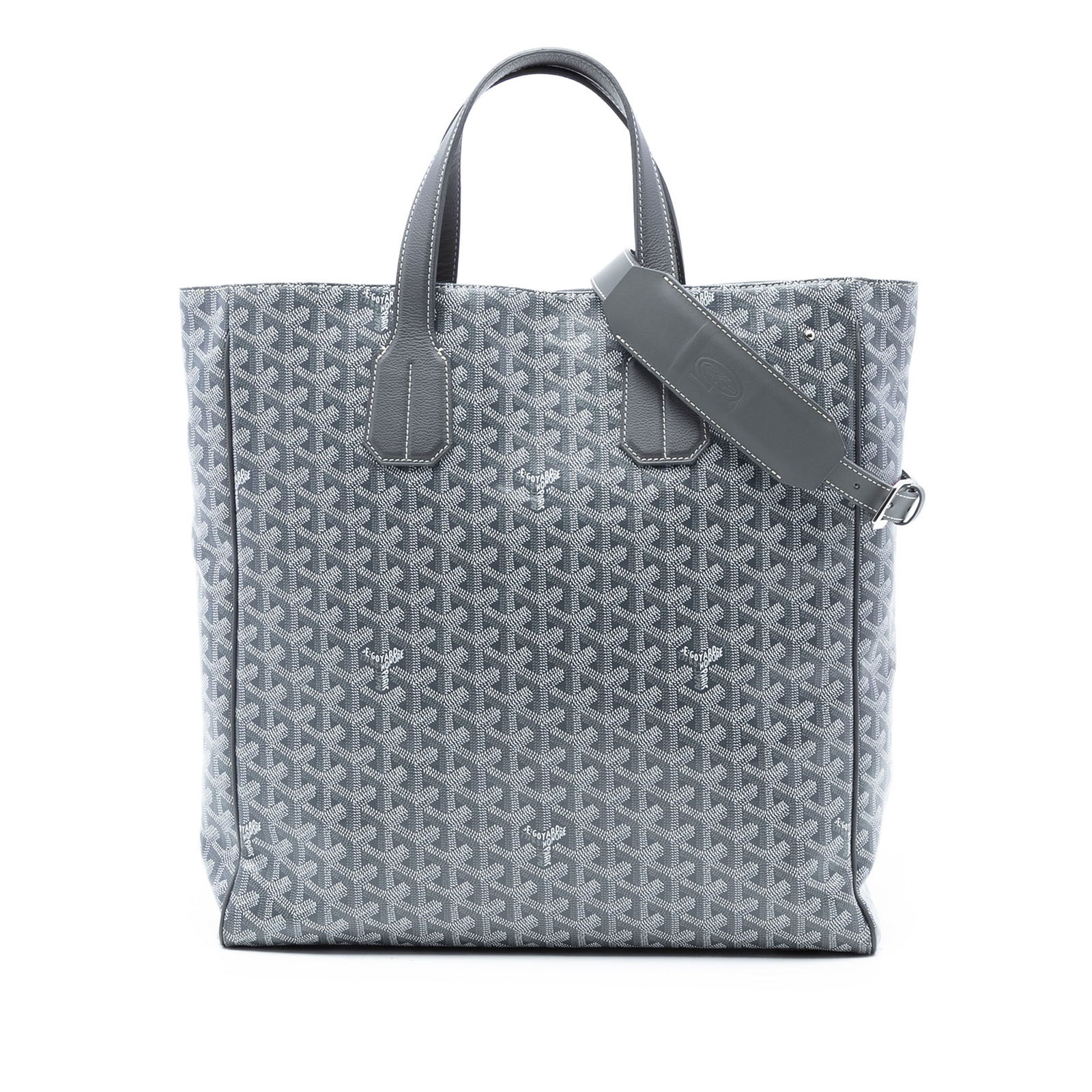 Goyard Goyardine Voltaire Gray Coated Canvas Tote with Detachable Strap: Goyard Goyardine Voltaire Gray Coated Canvas Tote with Detachable Strap This Goyard Goyardine Voltaire bag features a coated canvas exterior in gray, complemented by flat leather handles and a detacha