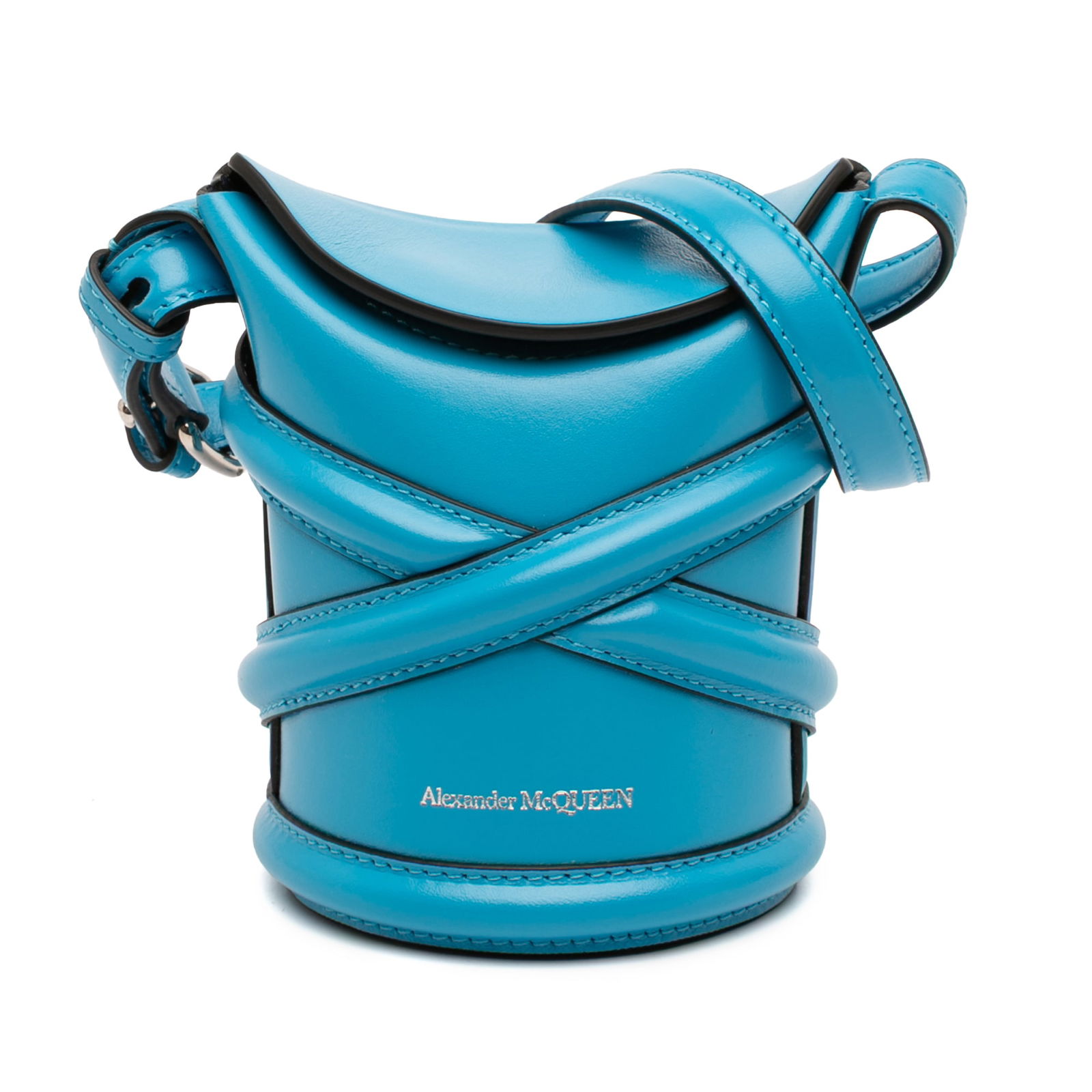 The Curve Blue Leather Bucket Bag by Alexander McQueen: The Curve Blue Leather Bucket Bag by Alexander McQueen This Alexander McQueen The Curve bucket bag is crafted from blue leather and features an adjustable flat leather shoulder strap, fold-over top fl